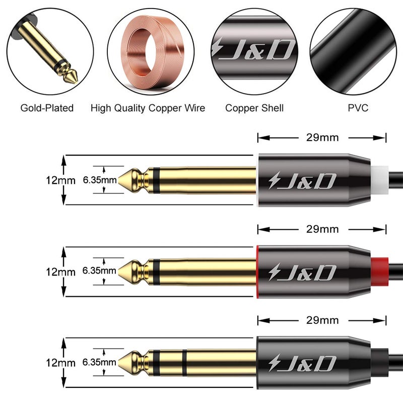 J&D 1/4 inch TRS Stereo Y Splitter Insert Cable, (2 Pack) Gold Plated Copper Shell 6.35mm 1/4 inch TRS Male to Dual 6.35mm 1/4 inch TS Male Mono Breakout Cable, Audio Cord, 15 Feet - Image 3